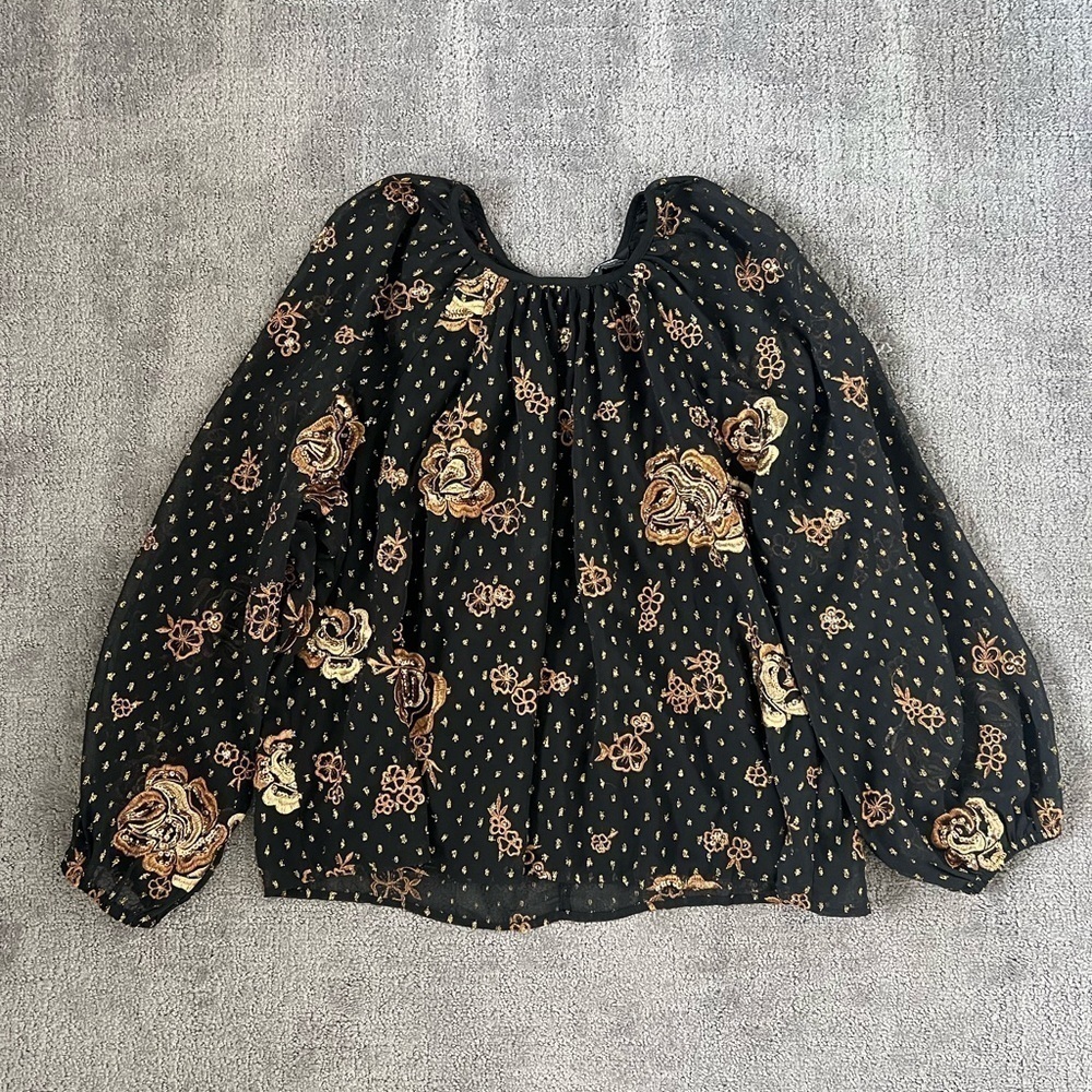 Express Gold Floral Motif Balloon Sleeve Blouse